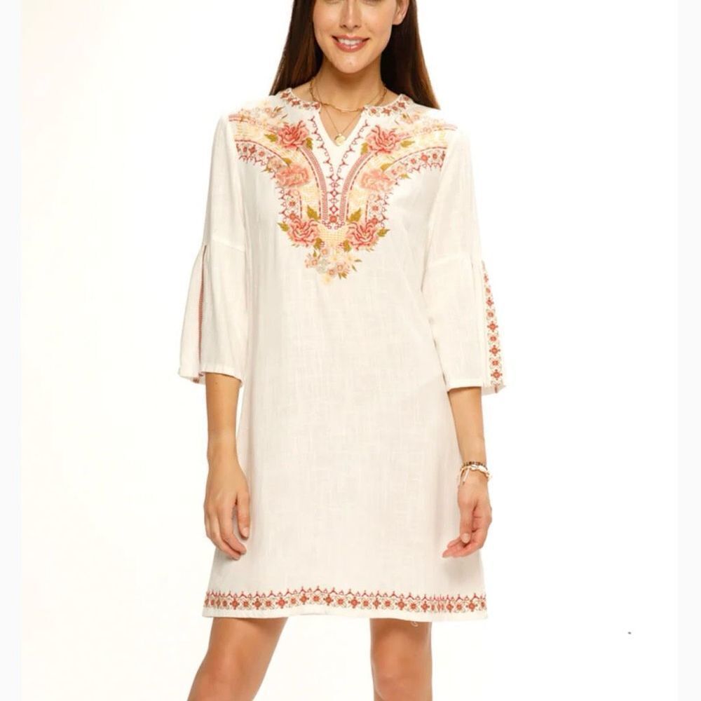 Paparazzi Gianna Linen Blend Embroidered Knee Length Dress Ivory Boho Medium